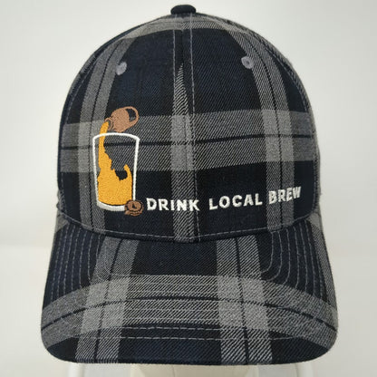 Flexfit Baseball Cap Black Gray M Drink Local Brew Plaid Beer Graphic Hat