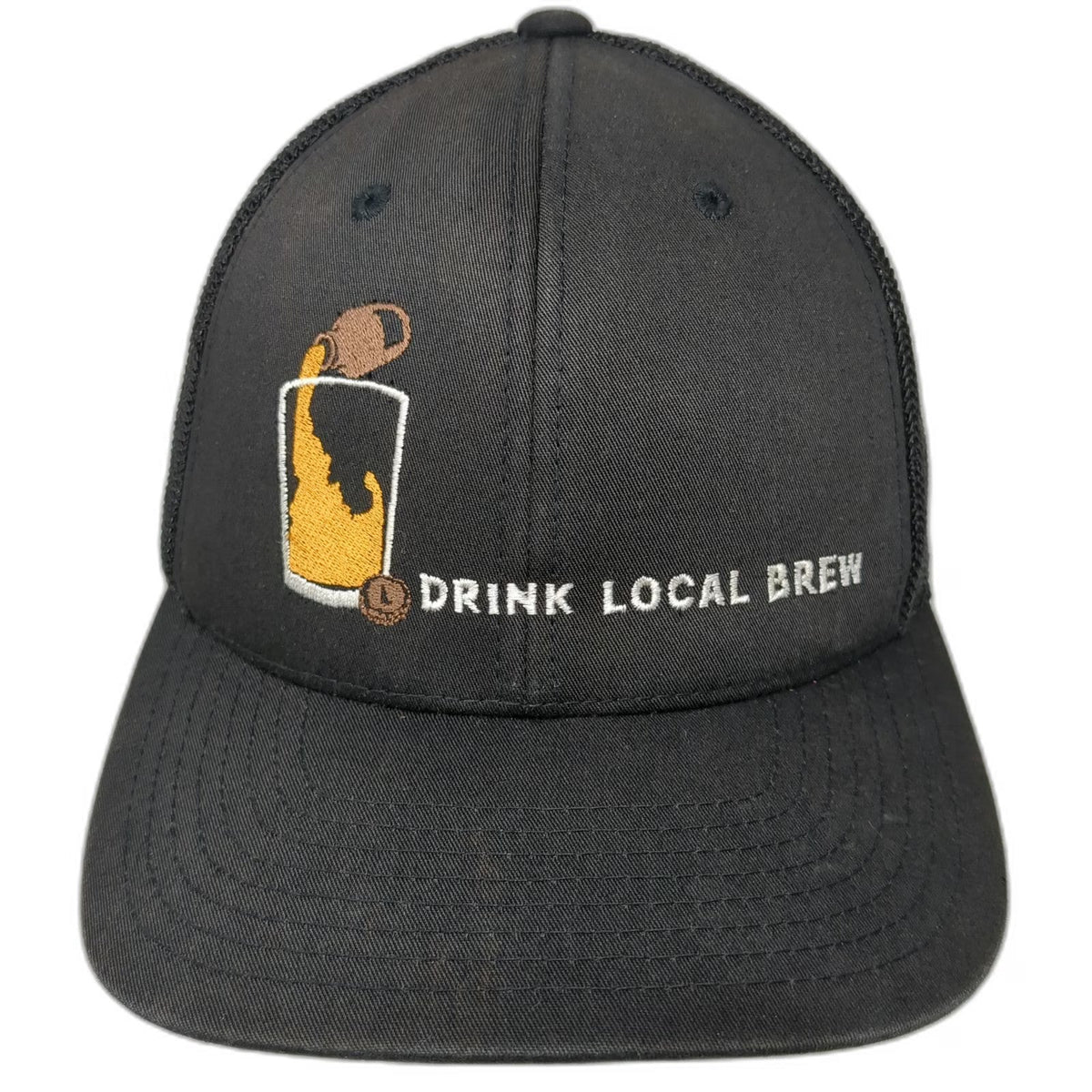 Flexfit Baseball Cap Black One Size Drink Local Brew Beer Graphic Mesh Back Hat