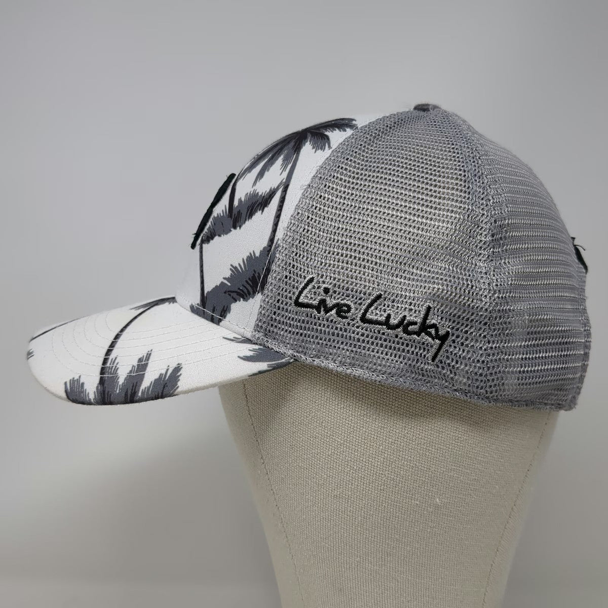 Black Clover Trucker Hat White Gray Palm Tree OSFM Clover Mesh Back Live Lucky