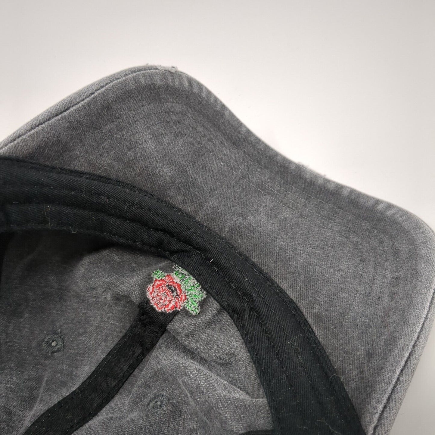 Rose Slideback Hat Gray One Size Adjustable Embroidered Flower Distressed Cotton