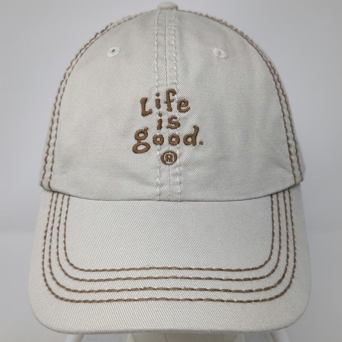 Life is Good Baseball Cap Beige One Size Adjustable Contrast Stitch Brown Hat