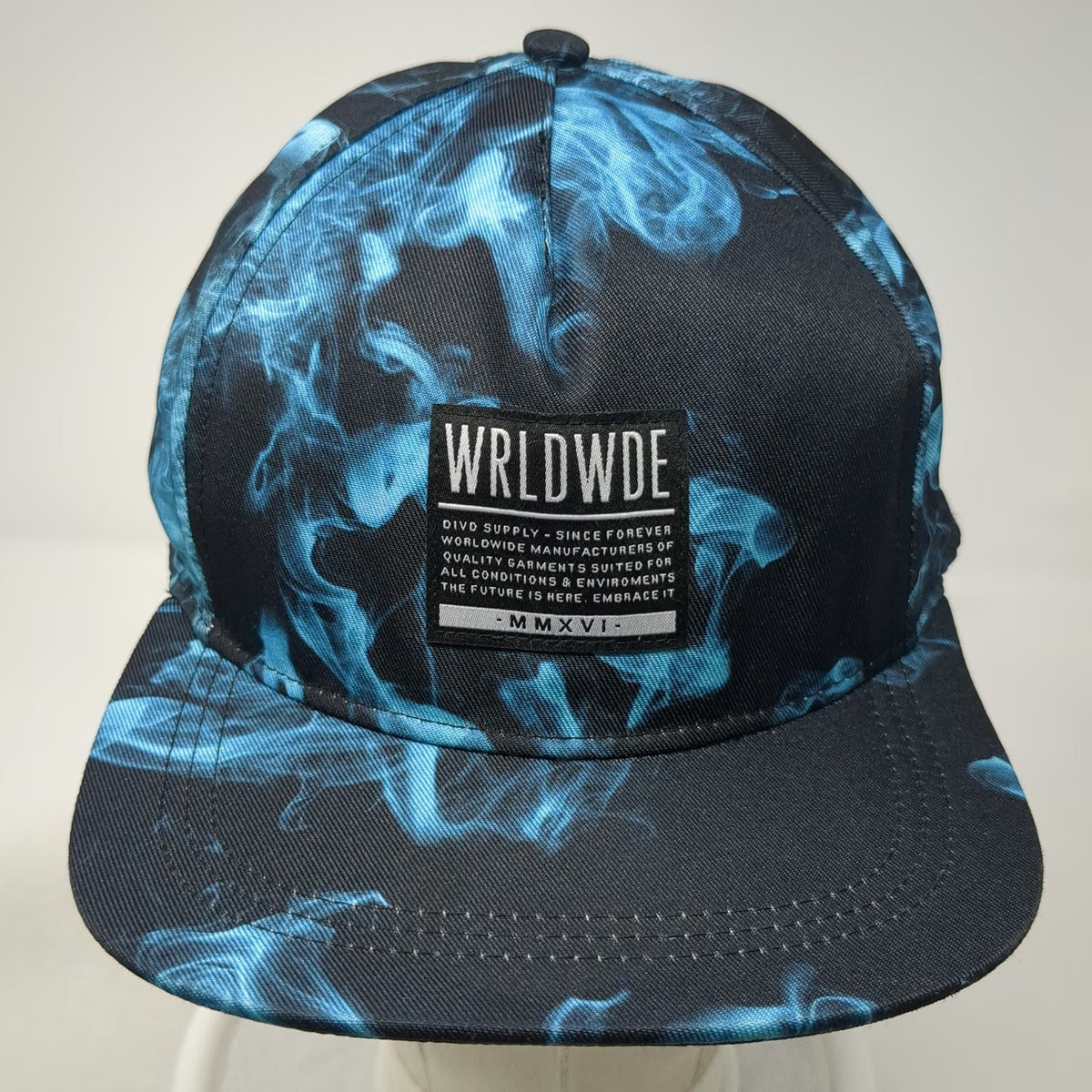 Divided 5 Panel Hat Blue Black One Size Smoke Print Flat Brim Don't Trip Patch
