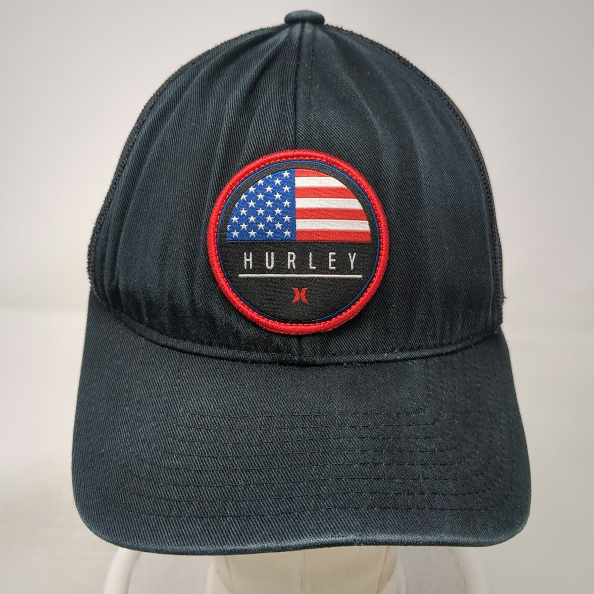 Hurley Trucker Hat Black Red White Blue One Size American Flag Patch Snapback