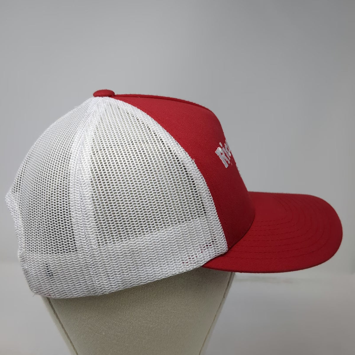 Yupoong Trucker Hat Red White OSFM Rice Ranch RV Park Mesh Snapback Curved Brim
