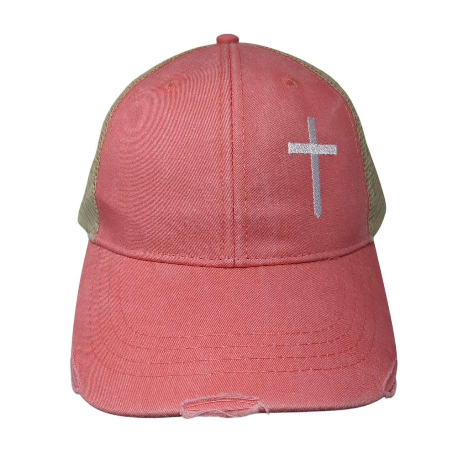 Crucifix Snapback Trucker Hat Pink OS Adjustable Mesh Back Distressed W/Tags