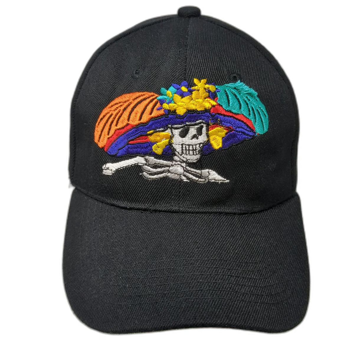 Baseball Cap Black One Size Hat Embroidered Skull Catrina Floral Feather Strap