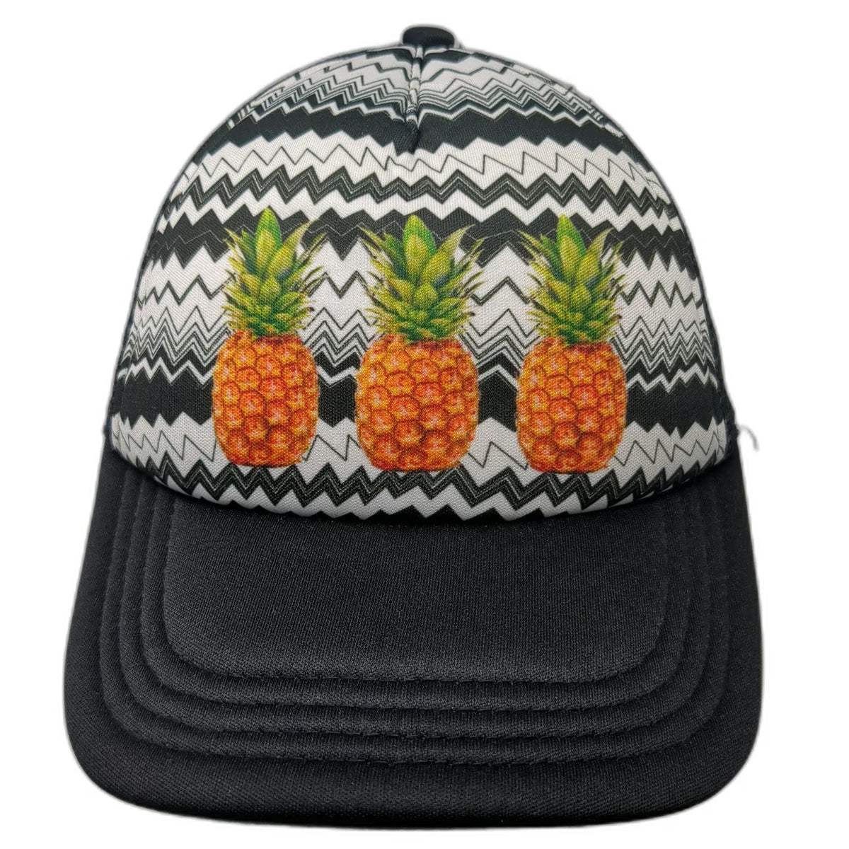 No Boundaries Trucker Hat Black One Size Mesh Snapback Pineapple Chevron Pattern