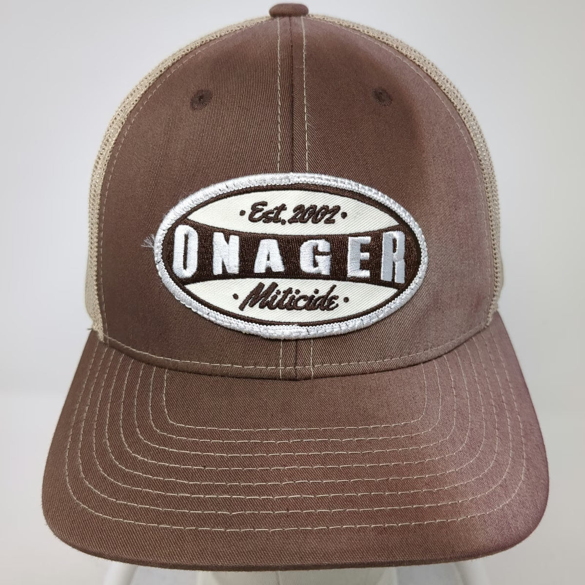 Richardson Trucker Hat Brown One Size Onager Miticide Est 2002 Mesh Back Patch