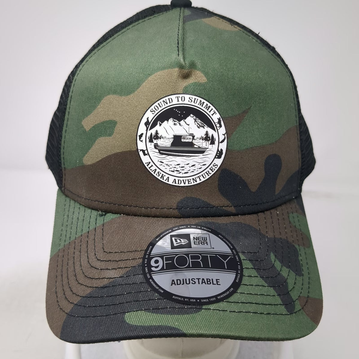 New Era Trucker Hat Green Camo One Size Sound to Summit Alaska Adventures 9FORTY
