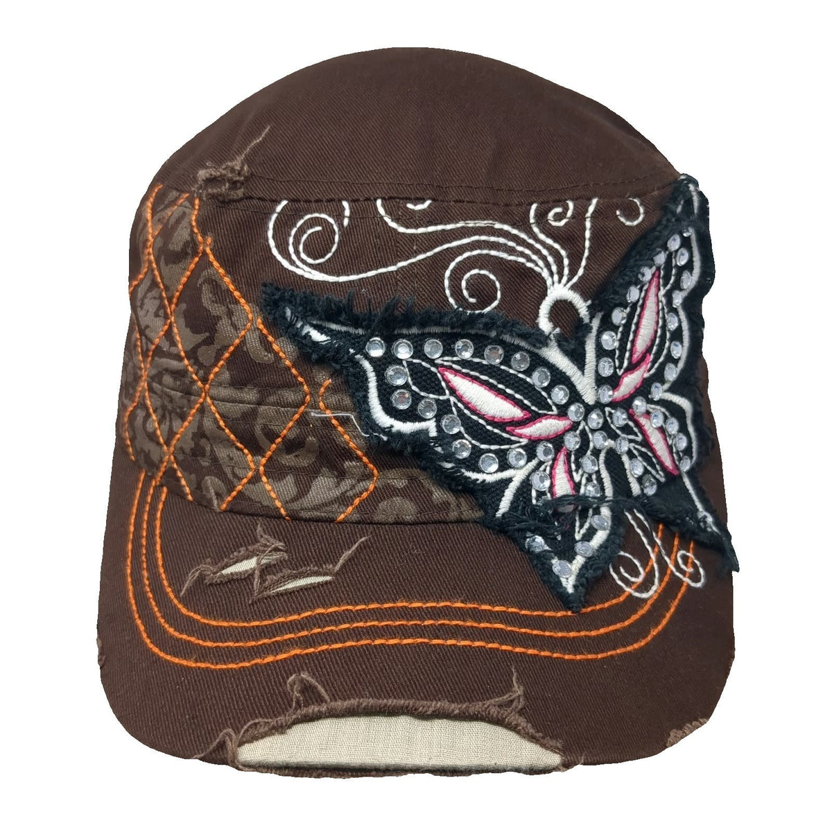 Leader Army Cap Brown One Size Butterfly Rhinestone Distressed Stitch Hat