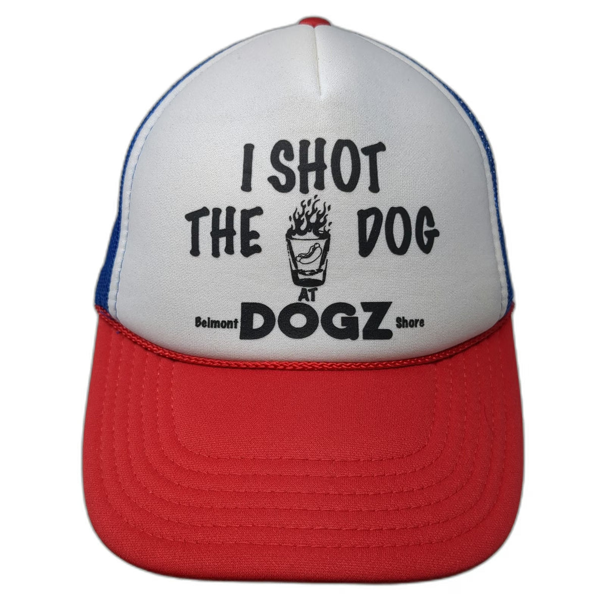 Otto Trucker Hat White Red Blue OSFM Belmont Shore Dogz Hot Dog Shot Snapback