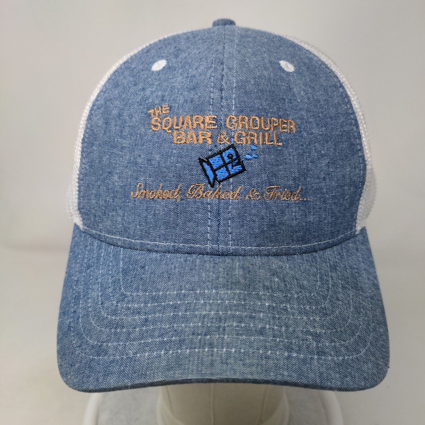 The Square Grouper Bar & Grill Trucker Hat Blue OSFM Embroidered Mesh Back
