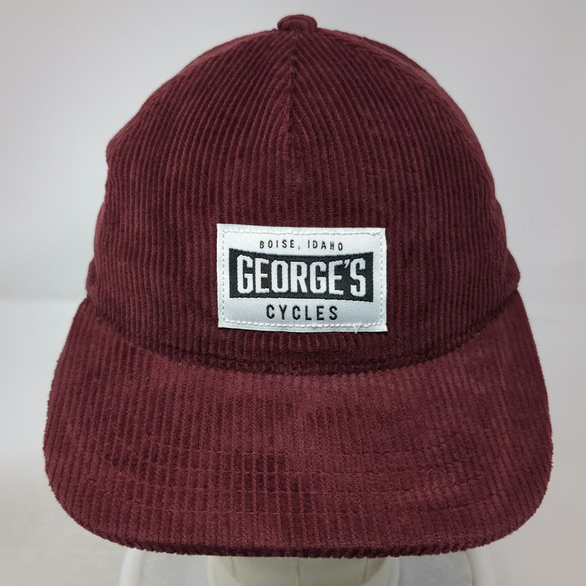 George's Cycles 5 Panel Red Hat One Size Corduroy Boise Idaho Slideback