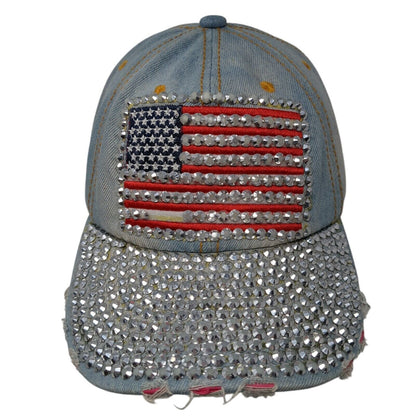 USA Flag Bling Slideback Hat Blue One Size Denim Leather Strap Rhinestone