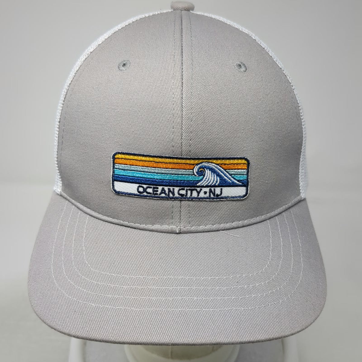 Triangle Trucker Hat Gray One Size Ocean City NJ Wave Patch Mesh Snapback Hat