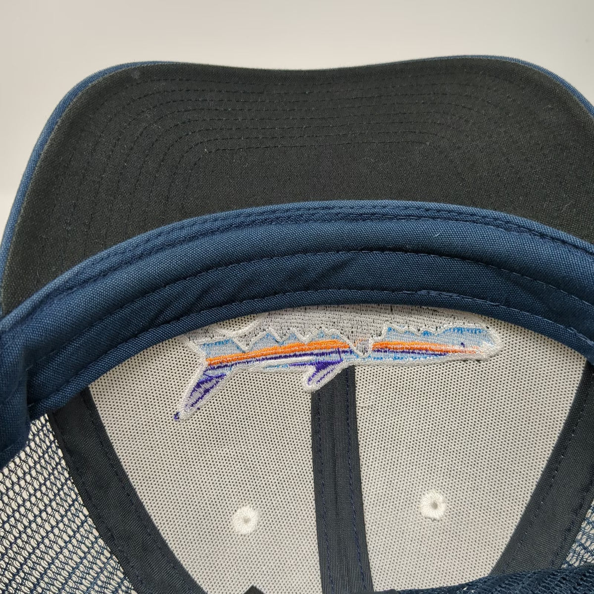 Patagonia Trucker Hat Blue One Size Mesh Back Snapback Fish Mountain Logo Hiking