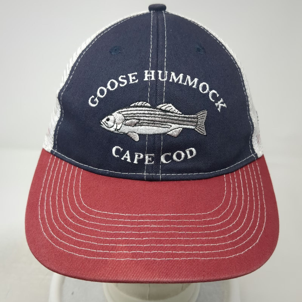 Goose Hummock Trucker Hat Blue Red One Size Striped Bass Cape Cod Snapback
