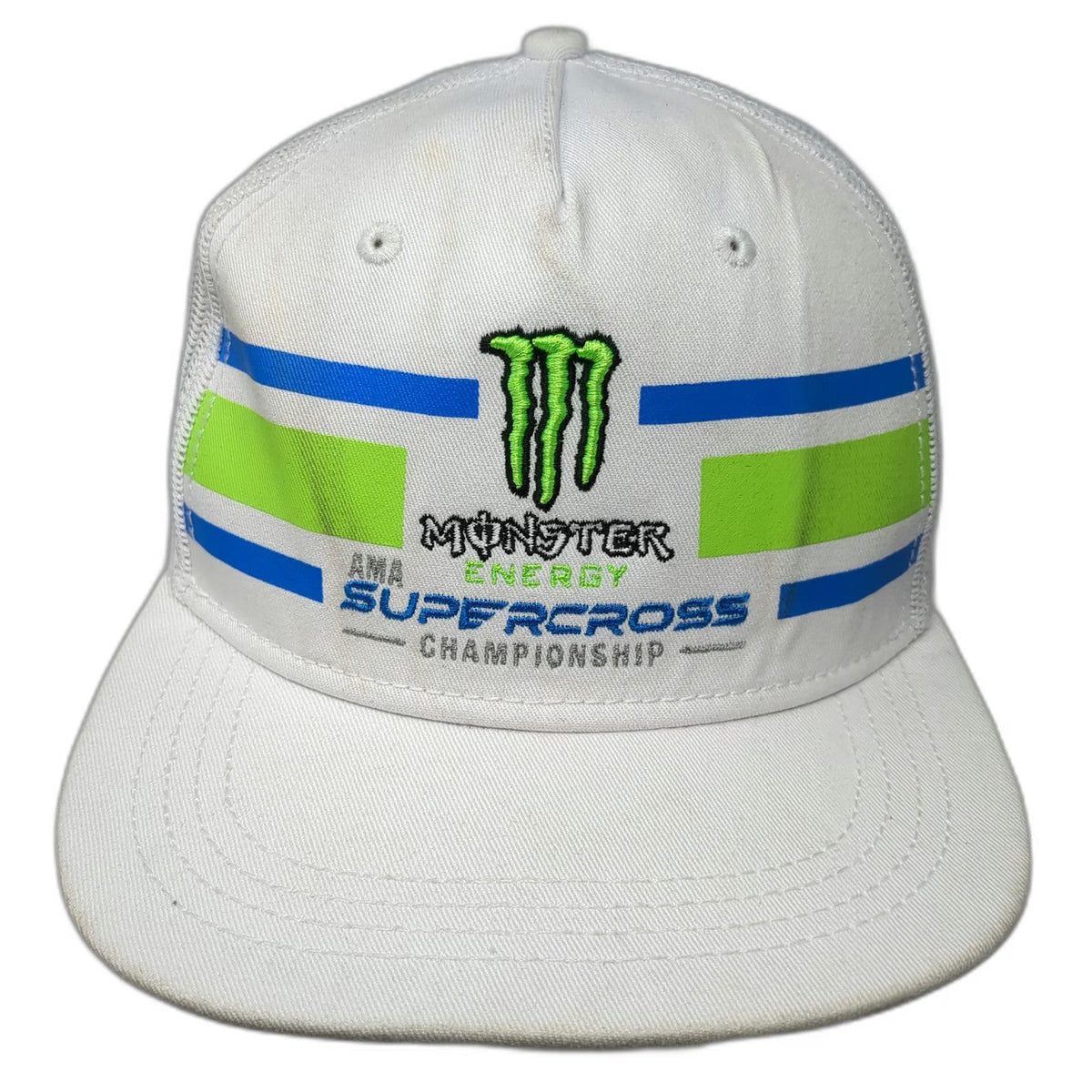 Monster Energy AMA Supercross Championship White Trucker Hat One Size Mesh Blue