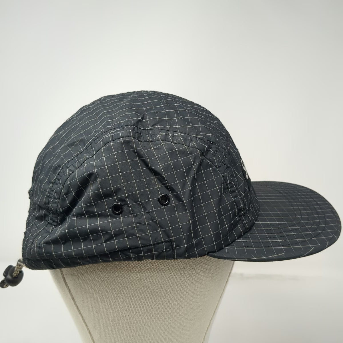 Supreme 5 Panel Black Hat Grid Pattern Drawstring Box Logo Made in USA Vintage