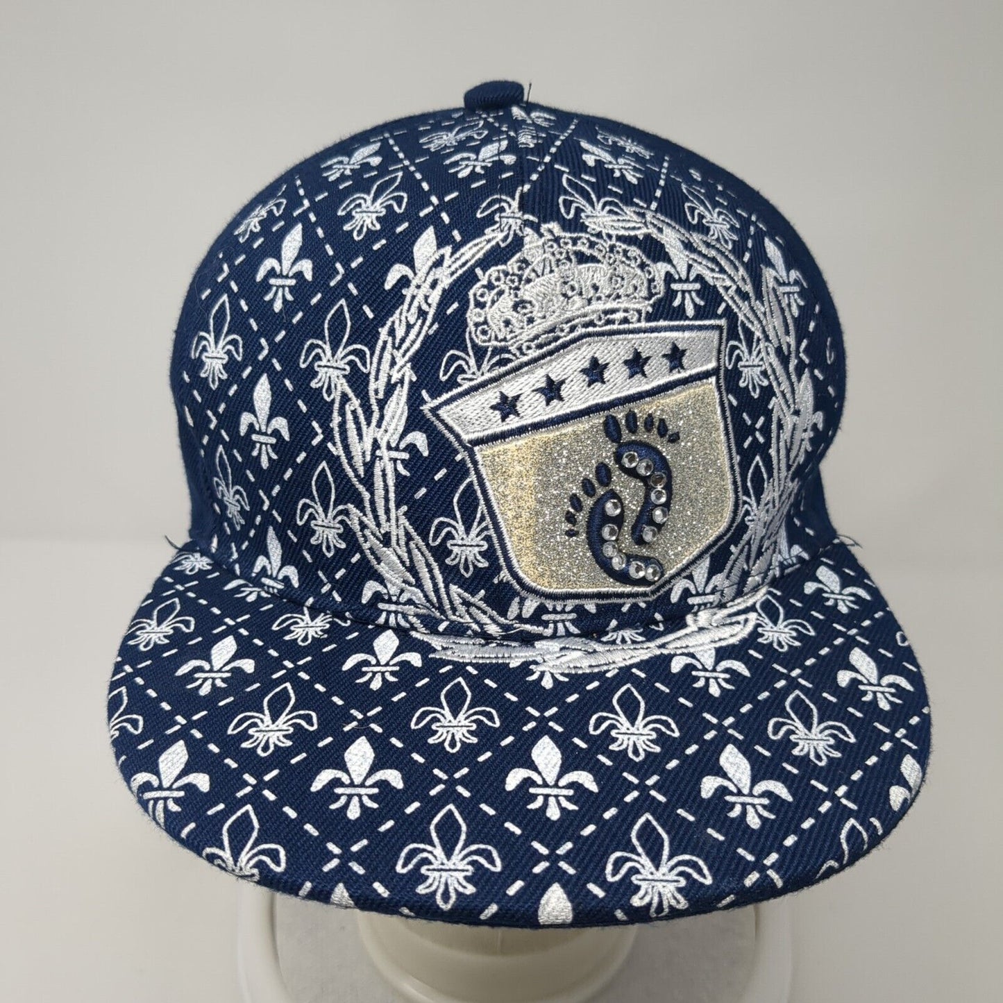 Skips Fitted Hat Blue Large Embroidered Glitter Rhinestone 6 Panel Acrylic