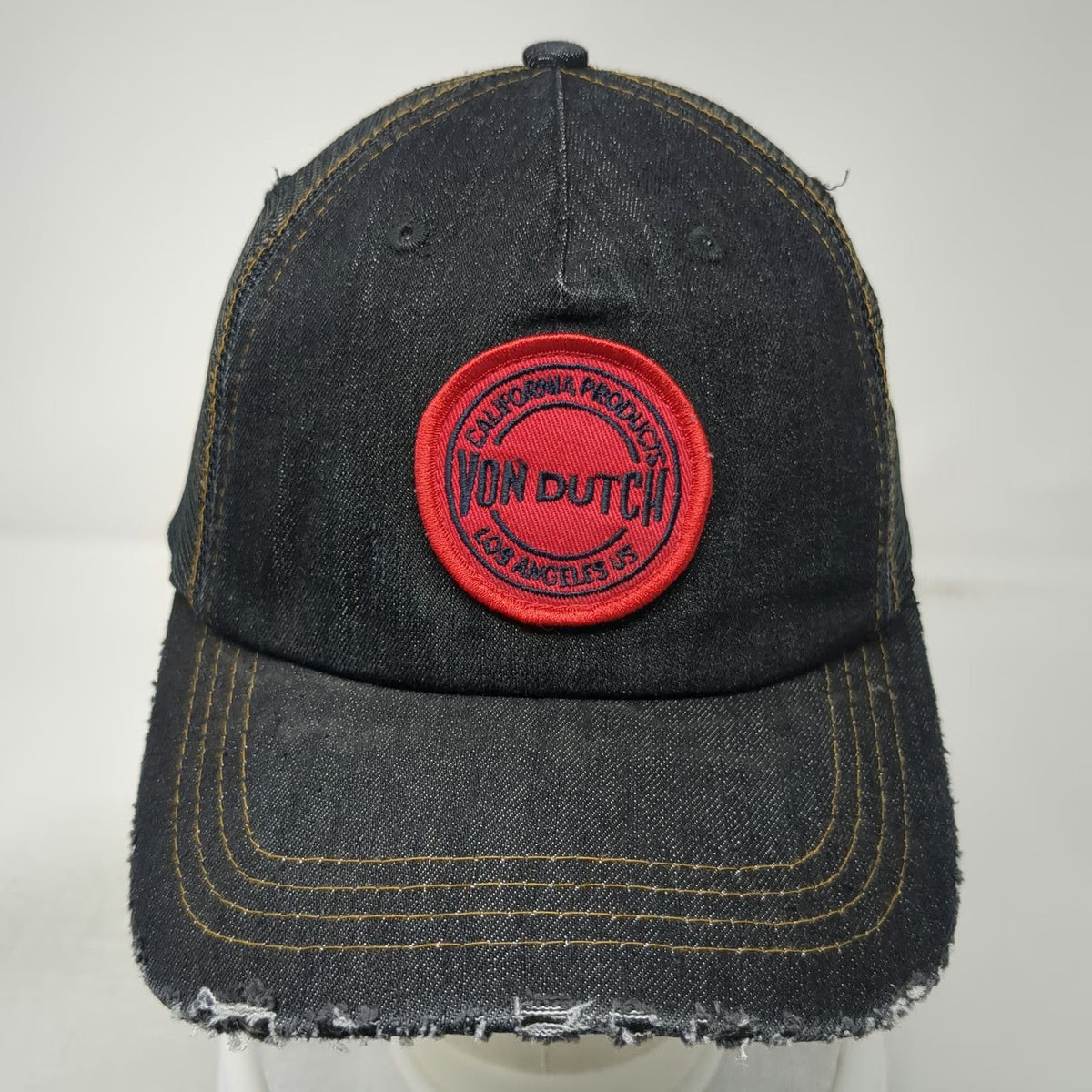 Von Dutch Trucker Hat Black One Size Distressed Denim Patch Snapback Mesh