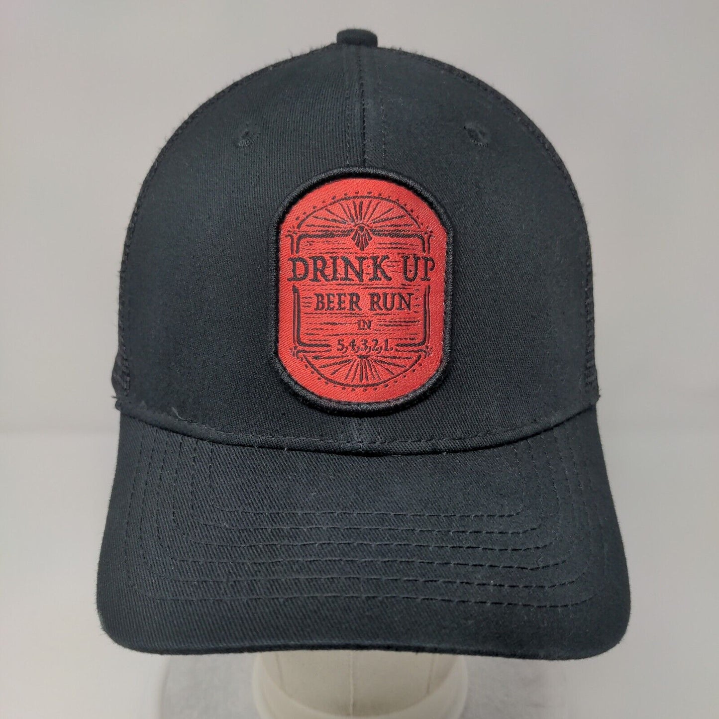 Drink Up Beer Run Patch Snapback Trucker Hat Black OSFM Mesh Back