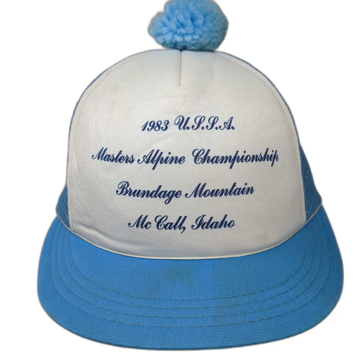 Champion Trucker Hat Blue Pom Mesh 1983 USSA Masters Alpine Idaho Vintage