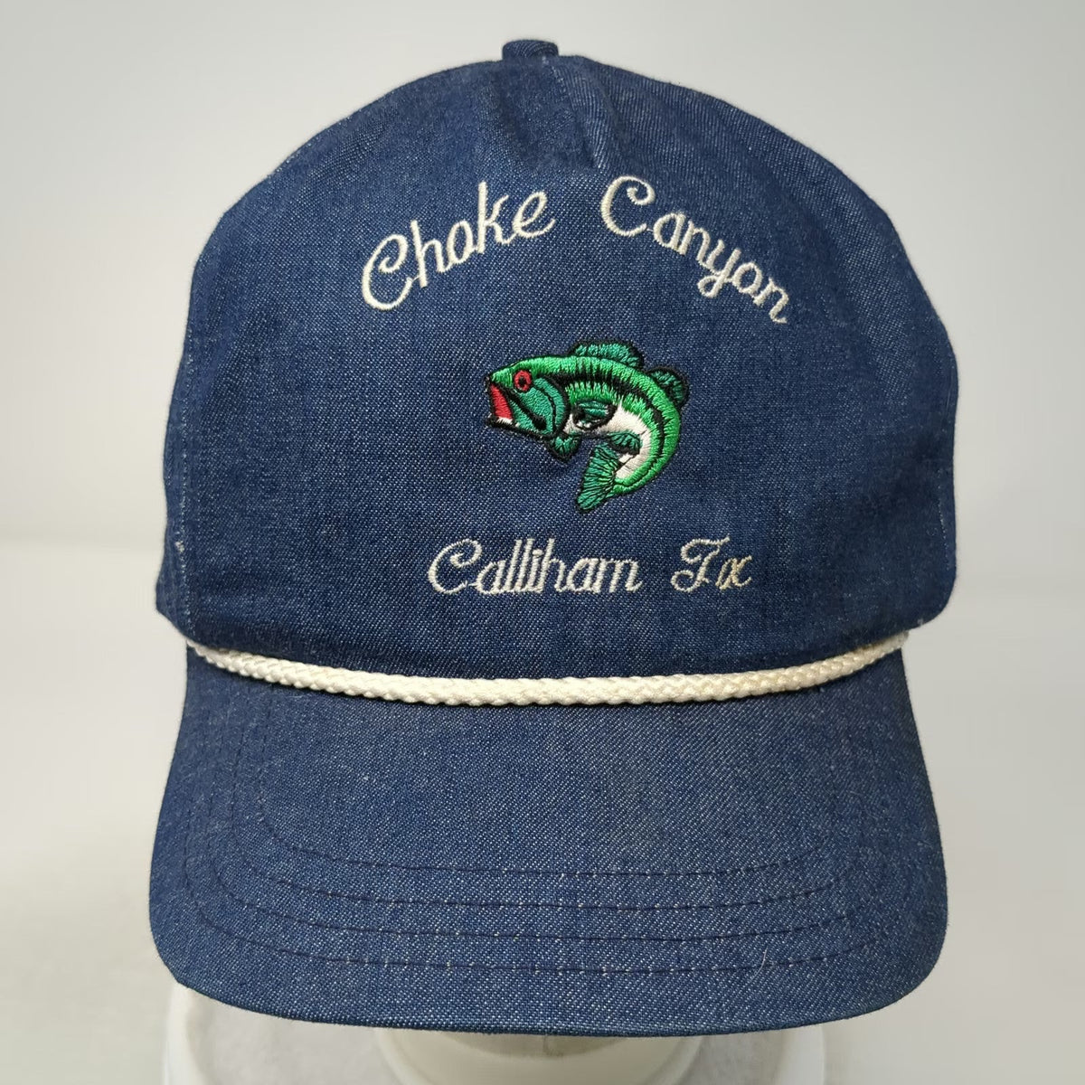 Stitch-N-Tyme 5 Panel Blue L Hat Denim Rope Choke Canyon Bass Fishing Texas