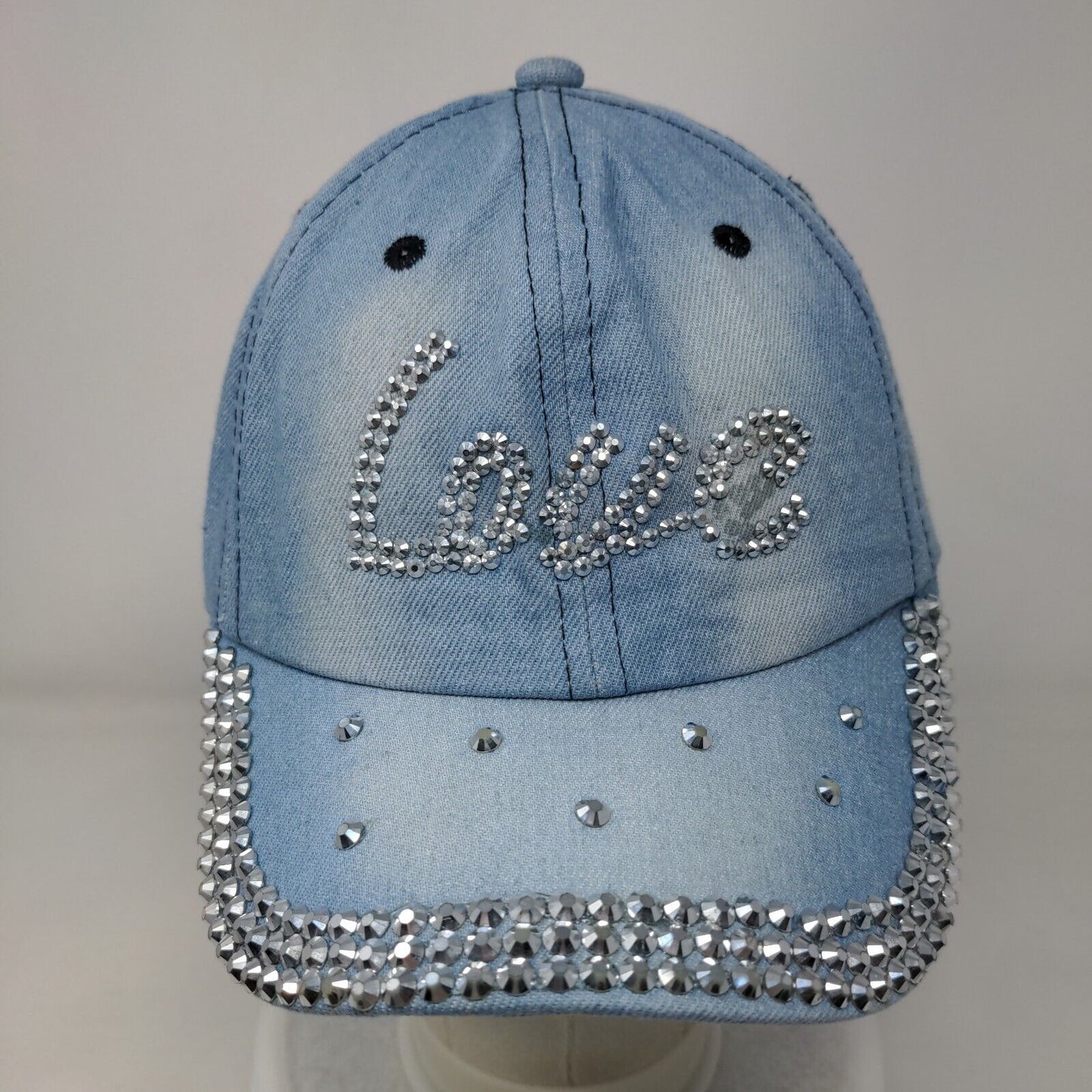 Love Bling Slideback Hat Blue One Size Adjustable Vented Holes Denim Cotton