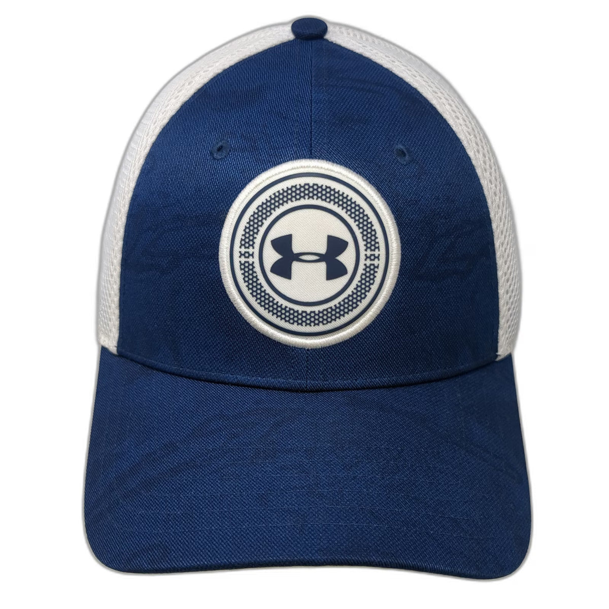 Under Armour Baseball Cap Blue White XL Fitted Mesh Back UA Golf Patch Hat