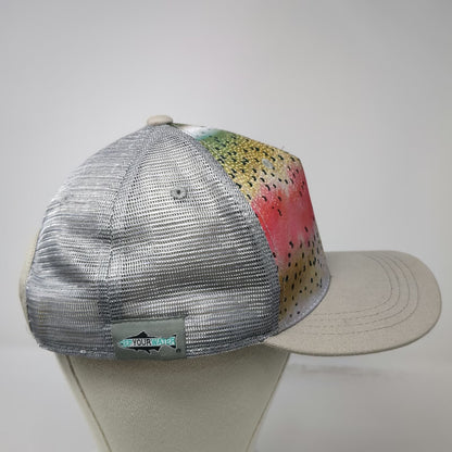 RepYourWater Trucker Hat Gray Beige One Size Rainbow Trout Fish Mesh Back