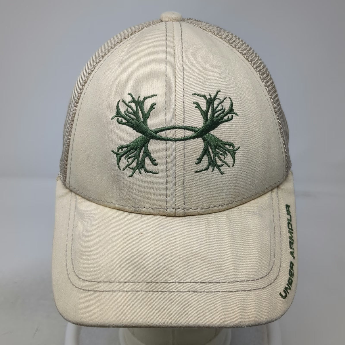 Under Armour Trucker Hat Beige One Size Mesh Back Antler Logo Snapback Cap