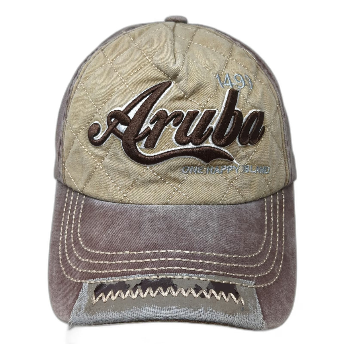 Brown 5 Panel Aruba One Happy Island Hat One Size Quilted Distressed Strapback