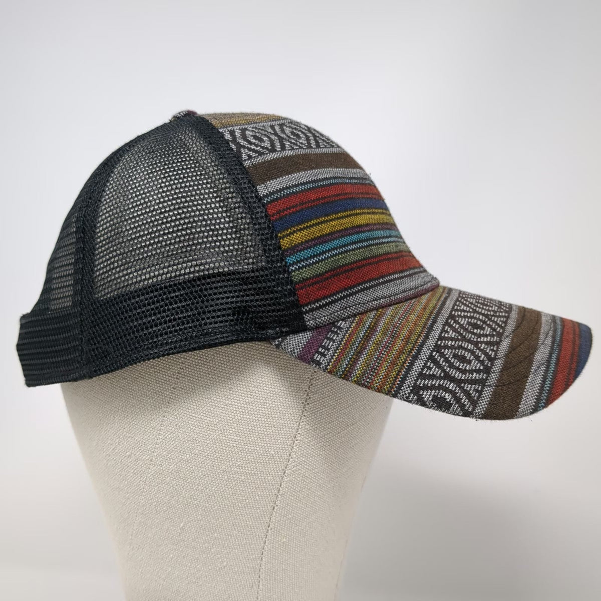 Trucker Hat Black Multi One Size Mesh Back Snapback Striped Woven Pattern Hat