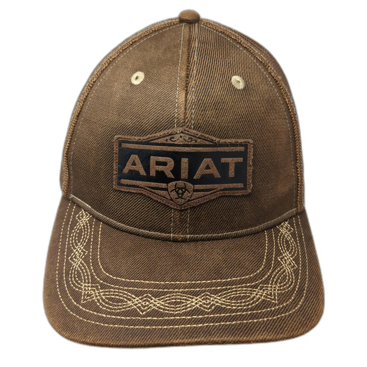 Ariat Trucker Hat Brown One Size Mesh Back Snapback Western Brim Stitching Patch