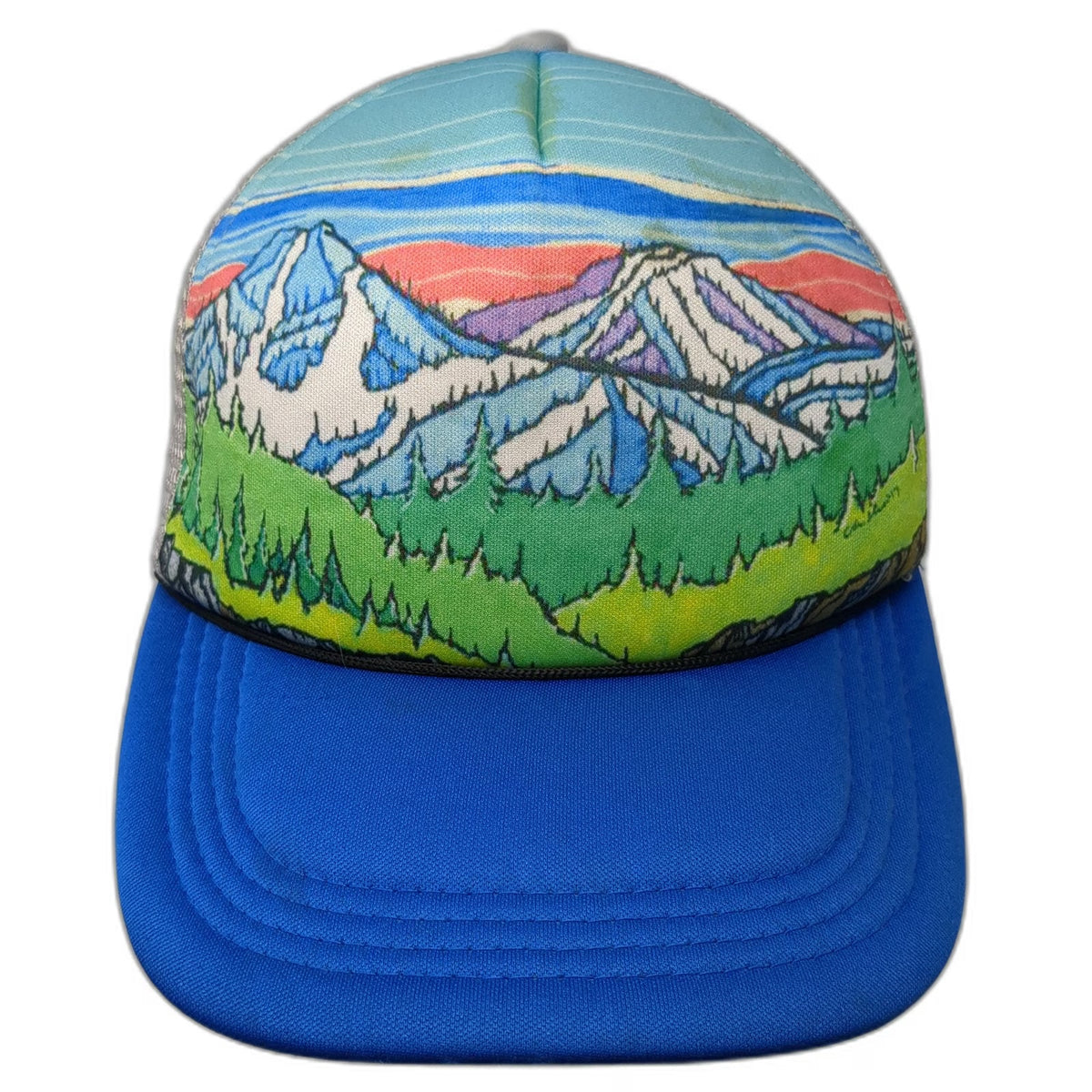Lean Factory NW Trucker Hat Blue Gray Green One Size Mountain Graphic Snapback