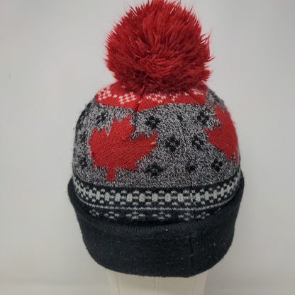 Gertex Men's Canada Knit Beanie Hat Cap Black Gray Pom Pom Maple Leaf