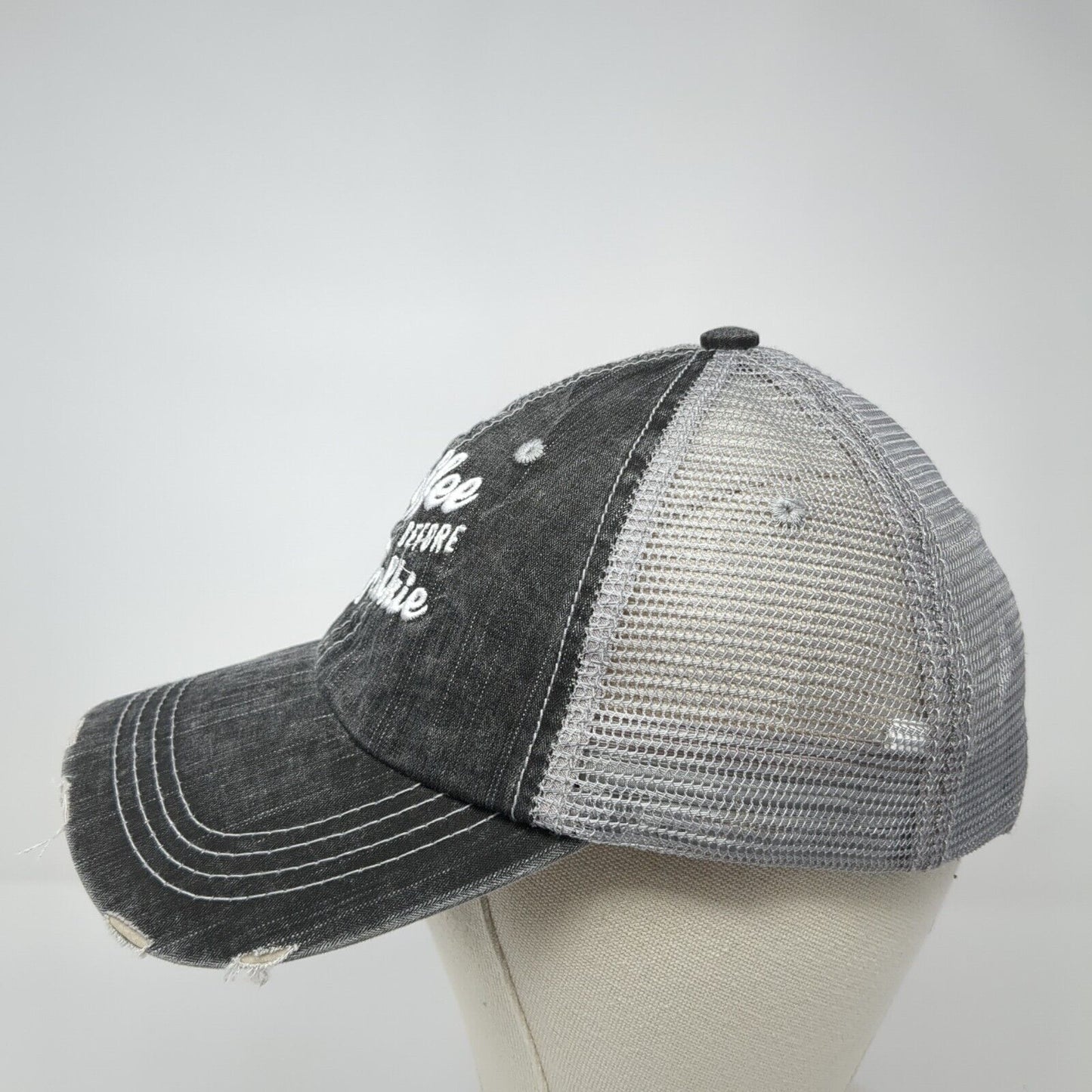 Coffee Before Talkie Strapback Trucker Hat Gray One Size Mesh Back