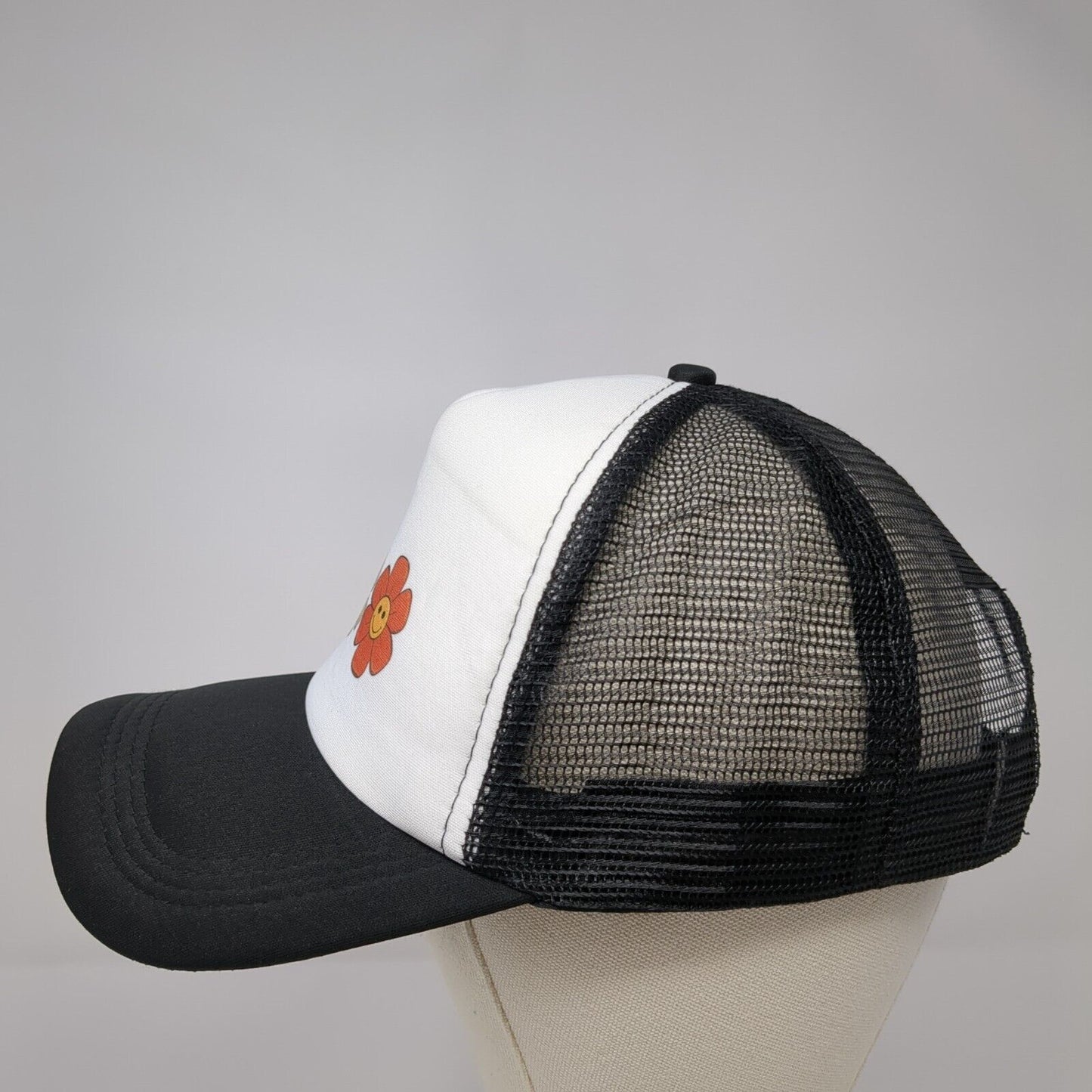 Smiley Flowers Snapback Trucker Hat Black OSFA Mesh Back Adjustable