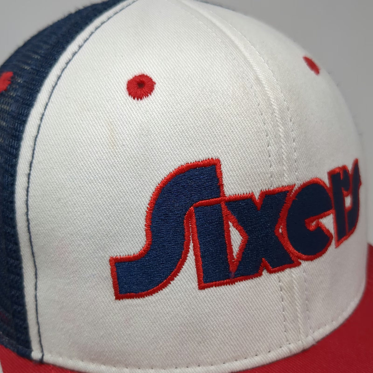 Sixers Trucker Hat White Blue Red One Size Spectrum Side Patch Mesh Snapback