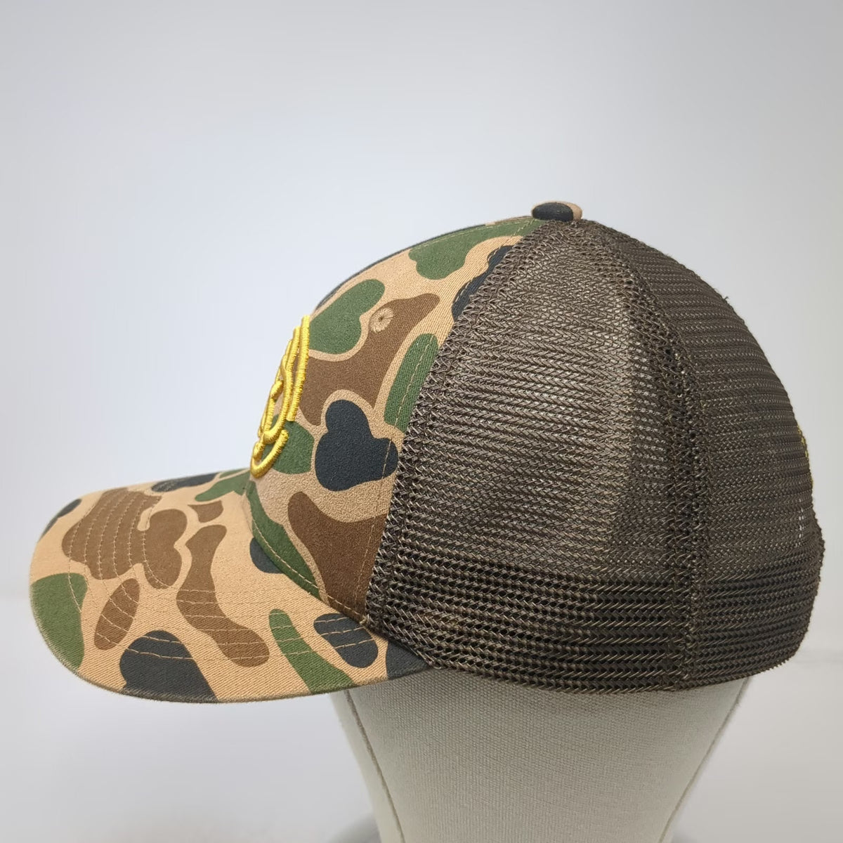 Blackwood Distilling Co. Trucker Hat Brown Camo One Size Mesh Back Gold Logo Hat