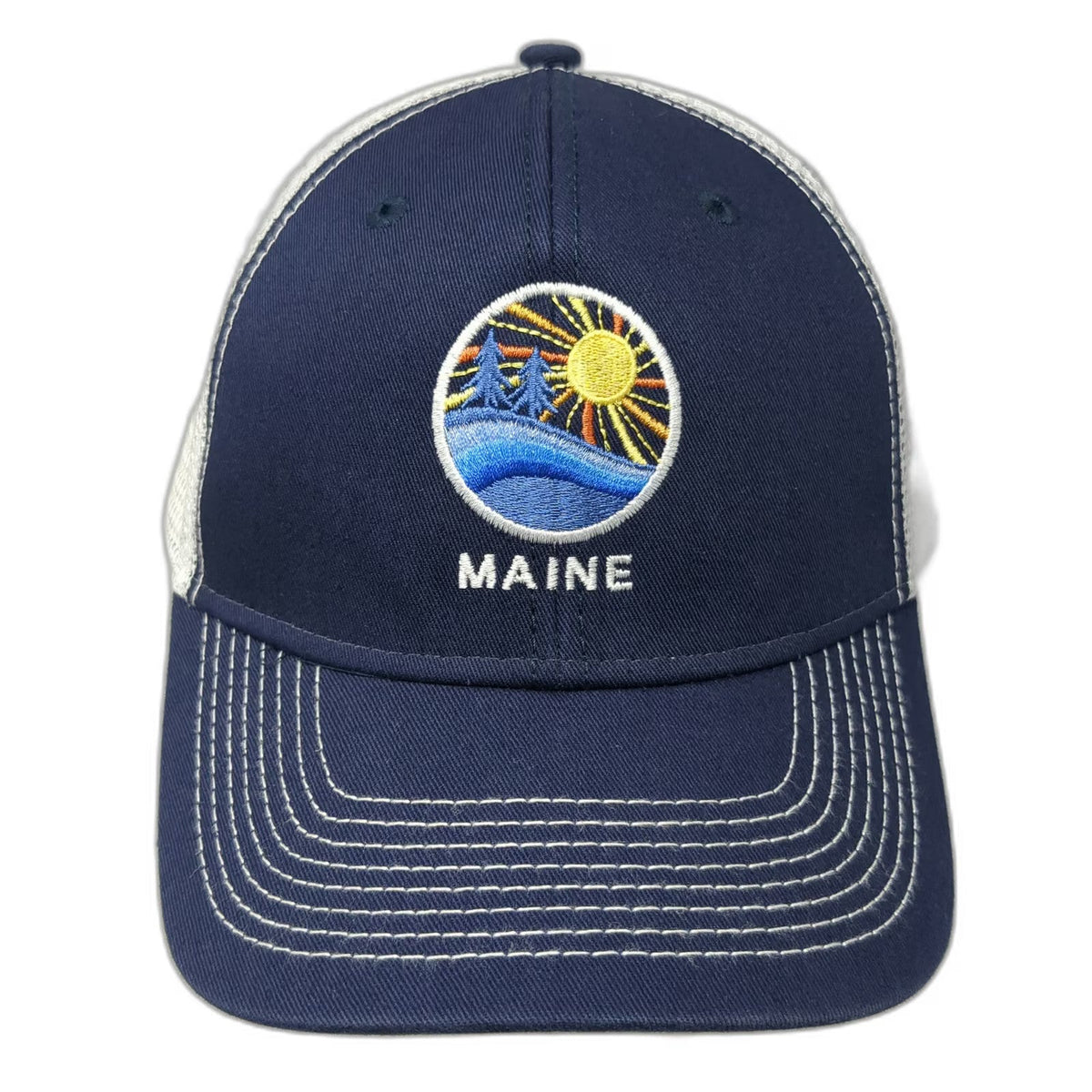 Ouray Sportswear Trucker Hat Blue White One Size Mesh Maine Sun Waves Trees hat