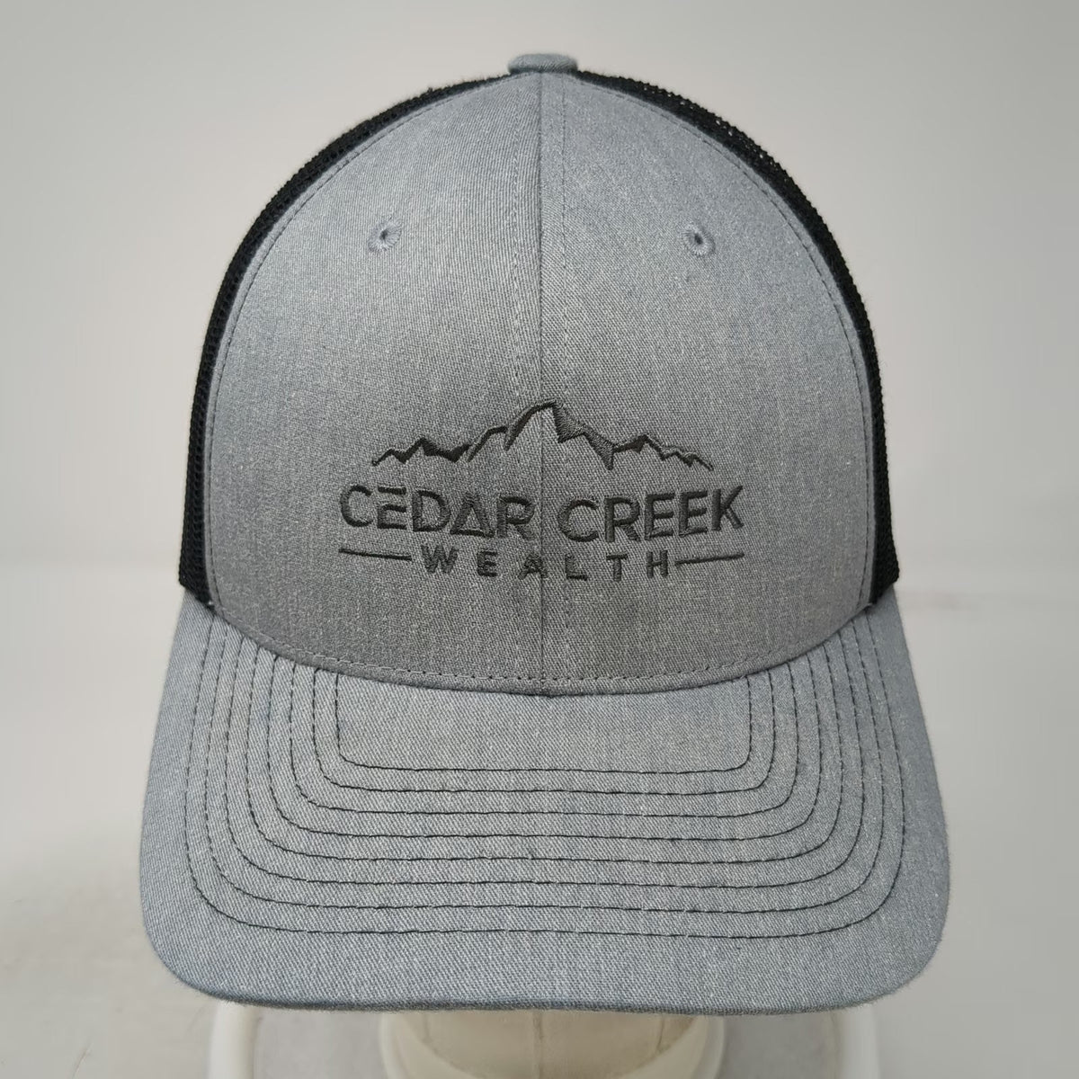 Cedar Creek Wealth Mountain Logo Trucker Hat Gray Black One Size Snapback Mesh