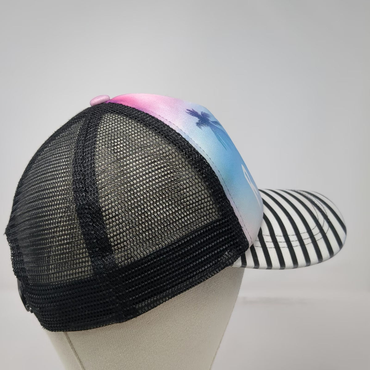 Roxy Trucker Hat Blue One Size Striped Brim Palm Tree Sunset Beach Surf Snapback