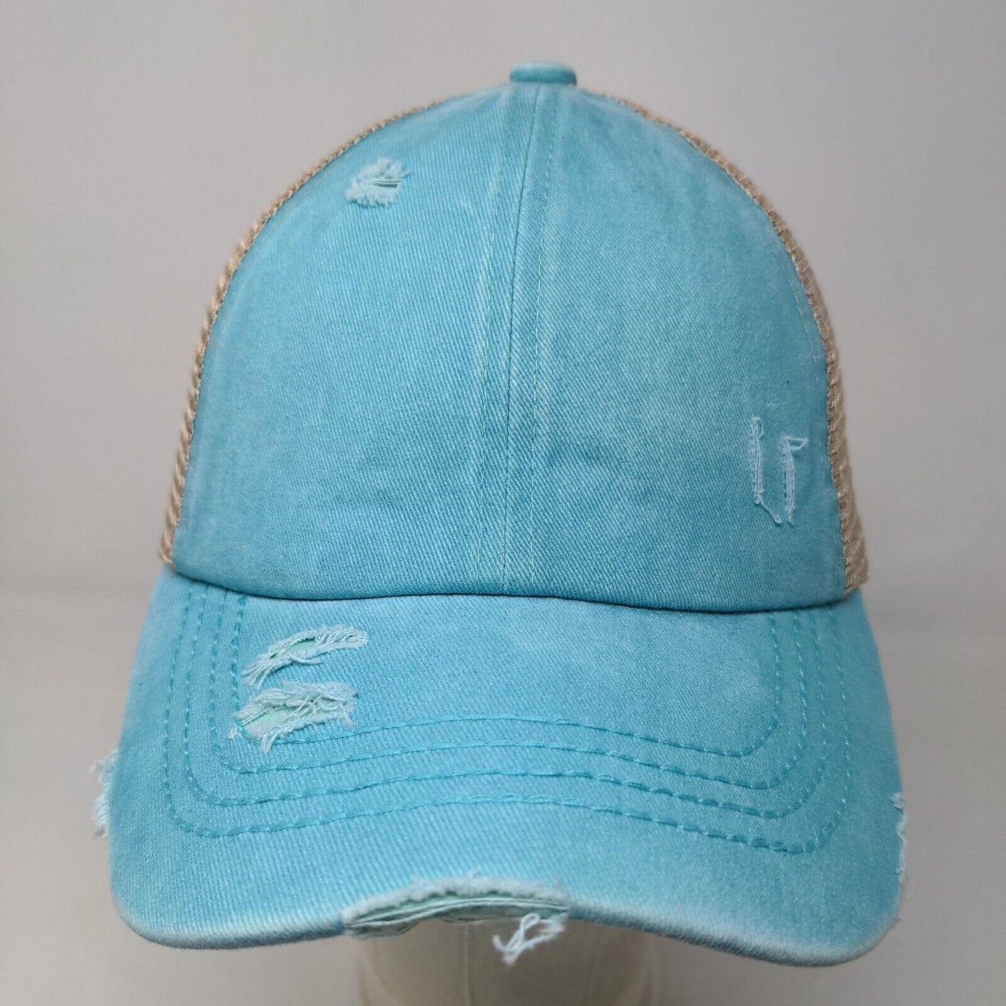 C.C. Exclusives Women's Strapback Mesh Back Hat Blue Ponytail Hole Cotton Blend