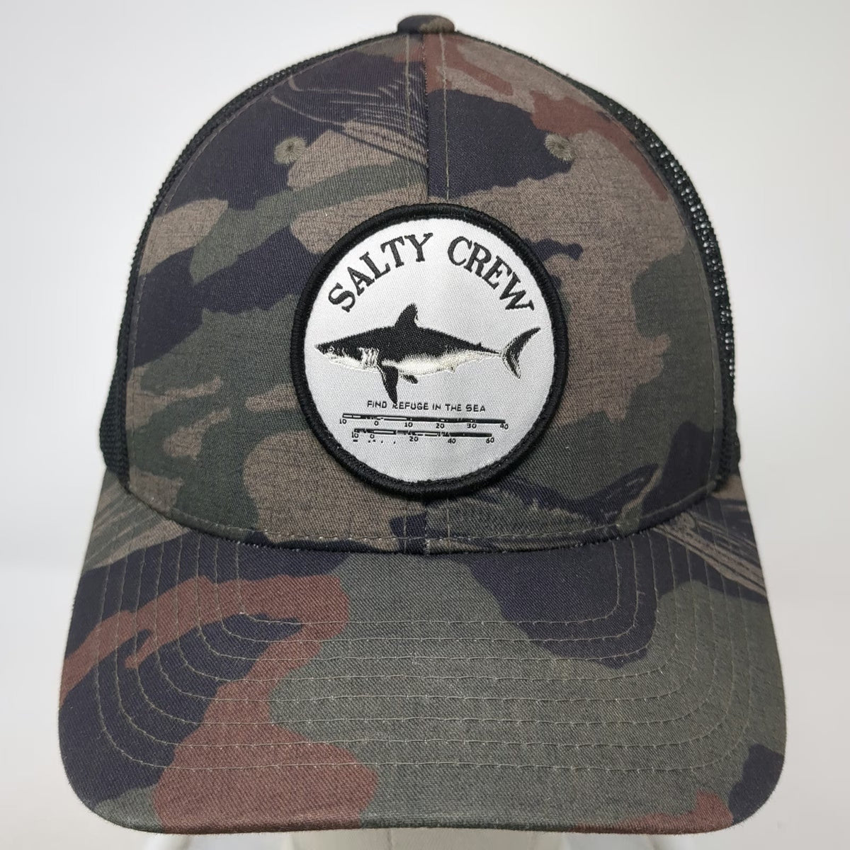Salty Crew Trucker Hat Black One Size Camo Shark Patch Find Refuge in the Sea