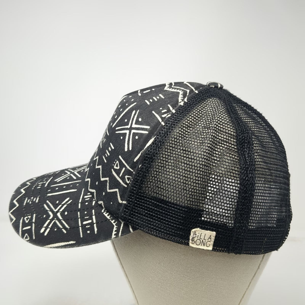 Billabong Trucker Hat Black One Size Snapback Mesh Tribal Geometric Pattern