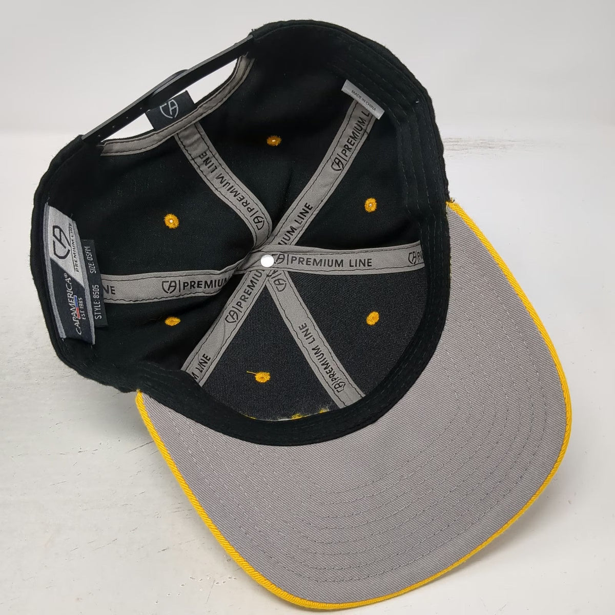 CapAmerica Snapback Hat Black Yellow One Size Flat Brim Kiewit Logo 6 Panel