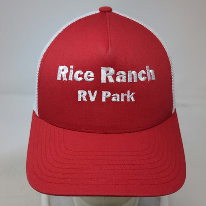 Yupoong Trucker Hat Red White OSFM Rice Ranch RV Park Mesh Snapback Curved Brim