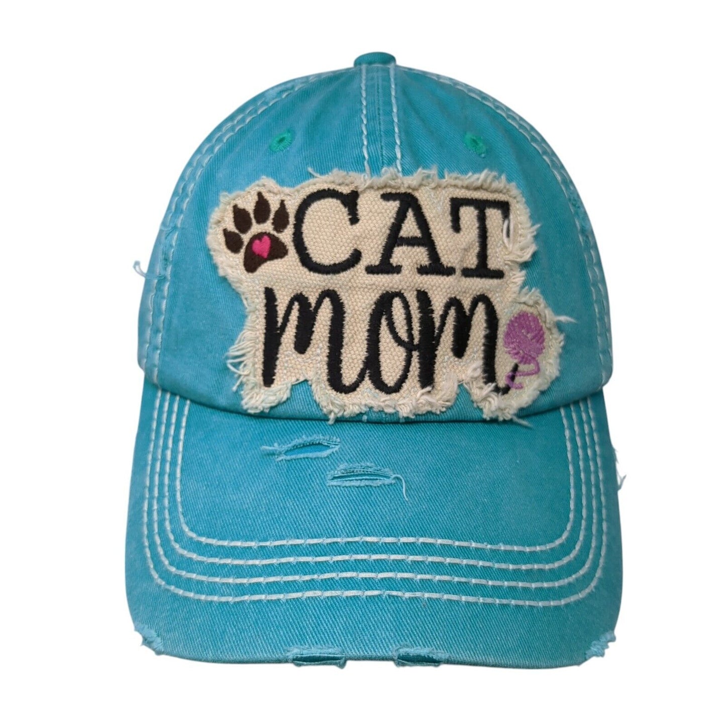 Cat Mom Strapback Hat Blue OS Adjustable Embroidered Distressed KB ETHOS Vintage